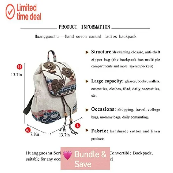 Vintage Boho Drawstring Backpack Purse, 9 Pockets, Adjustable Strap,